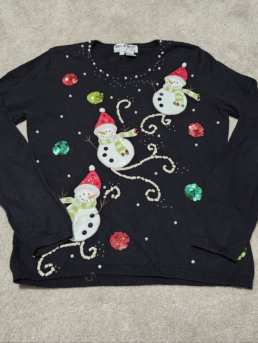 Jack B Quick Black Snowman Sequin Holiday Snowman Sweater Women's Size S Vintage